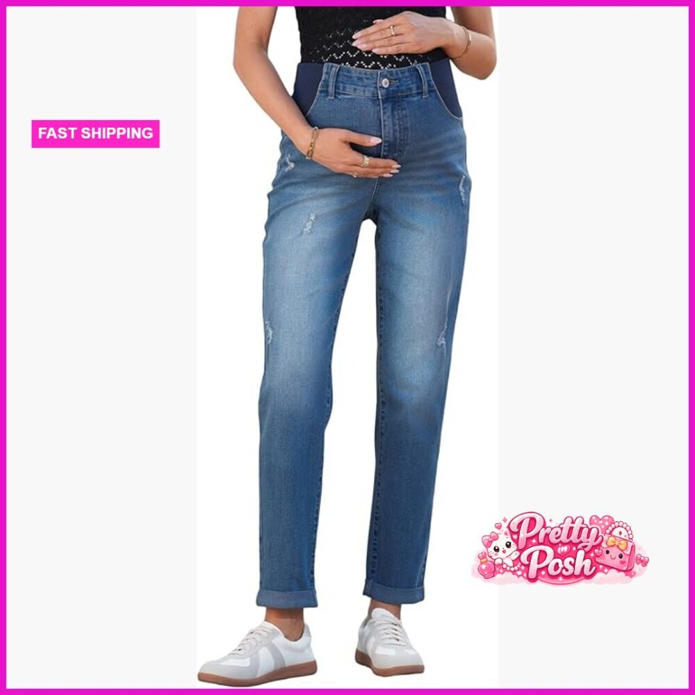Maternity Jeans Elastic Waist Skinny Cuffed Ripped Cropped Pants